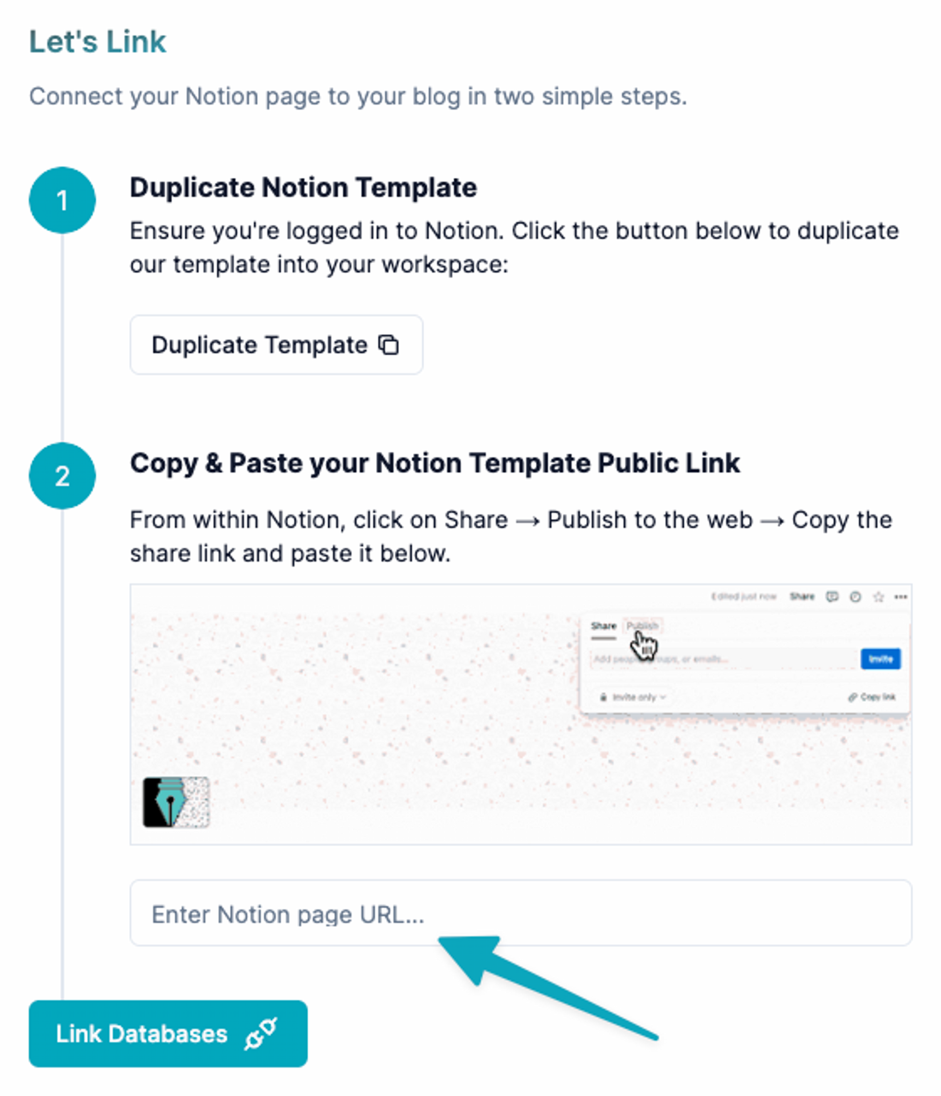 Paste your Notion duplicated template link in the field shown above.