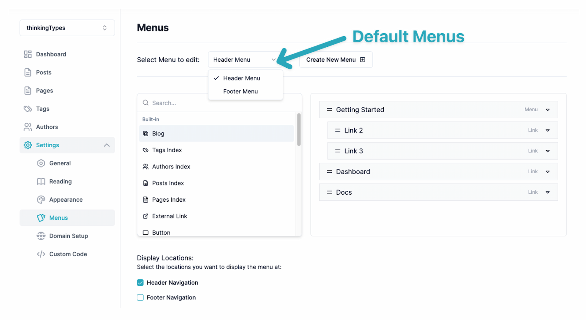 Default menus under Settings → Menus